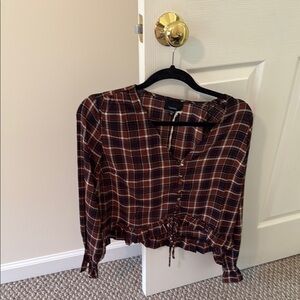 Lumiere Red and White Puff Sleeve Crop Blouse